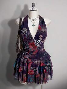 SHEIN ICON Plus Size Leopard Print Halter Neck Tie Waist Ruched Multi-Layered Tiered Tulle Dress Vacation Airport Dark Purple Summer Sexy - Multicolor - View 2