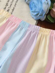 SHEIN Elladie kids 2件裝少女時尚馬卡龍彩色直條紋無袖彼得潘領上衣與寬腿褲套裝，適合日常通勤、休閒度假、春夏出遊、返校 - 彩色 - 查看 7