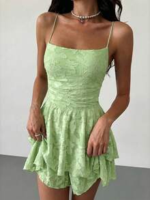 Aloruh Mono de mujer con tirantes finos, plisado, volantes en el bajo y recortes de moda - Verde Oliva - Ver 5