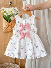 SHEIN Vintaside Kids 女嬰 3個月-3歲洋裝，1件休閒可愛日常風格秋季女童套裝，棕色蝴蝶結裝飾無袖澎澎洋裝 - 粉色 - 查看 2