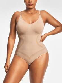 SHAPORA Plus Size Seamless Brief Spaghetti Strap Bodysuit Body Shaper Bust&Butt Lifter With Adjustable Strapes-Tummy Waist Control - Apricot - View 5