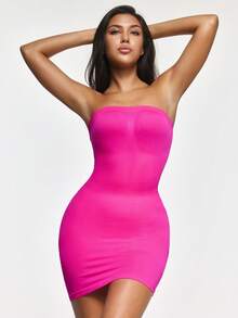 SHAPORA Women's Solid Color Casual Bandeau Bodycon Dress - Hot Pink - View 7