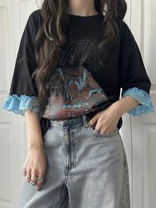 FRIFUL Women's Casual Loose Fit Letter Print Lace Patchwork Short Sleeve T-Shirt, Breathable Cotton Blend, Versatile For Spring/Summer Graphic Tee - Black - View 4