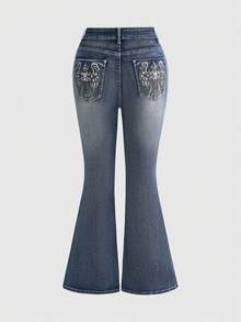 ROMWE Grunge Punk Y2k Hot Girl Retro Cross Wings Embroidered Rhinestone Plus Size Women's Flare Jeans - Blue - View 1