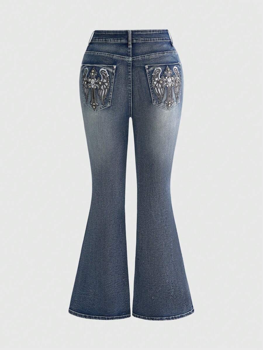 ROMWE Grunge Punk Y2k Hot Girl Retro Cross Wings Embroidered Rhinestone Plus Size Women's Flare Jeans - Blue - View 1