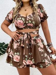 Vionelle Plus Size Women's Floral Print Short Top And Skort 2-Piece Set - Brown - View 3