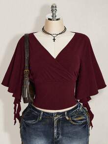 SHEIN ICON Women's Plus Size Cross V-Neck Ruffle Short Sleeve Casual T-Shirt - Red Violet - View 9