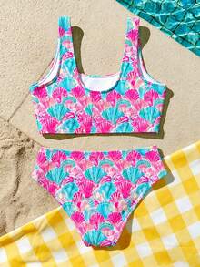 Tween Girls Casual Tropical Cute Simple Camisole Tank Top Triangle Bikini Bottom Swimsuit Set, Suitable For Summer Vacation Beach Pink - Multicolor - View 2