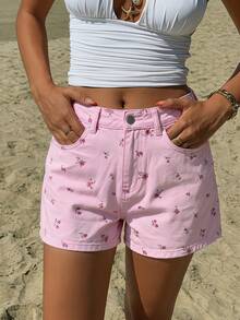 Livesso Ditsy Floral Frayed Hem Casual Women Denim Shorts - Pink - View 4