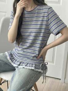 DAZY Women's Summer Casual Striped Ruffle T-Shirt Back-To-School Brunch School Grey - Grey - View 4