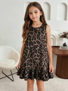 Plus Size Girls' Spring & Summer Casual Nordic Style Round Neck Sleeveless Ruffle Hem Leopard Print Woven Dress - Black - View 2