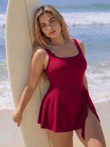 Swim SPRTY Plus Size Solid Color One-Piece Swimsuit For Vacation And Beach Summer - Burgundy - View 5