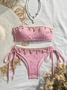 Swim Mod 女款刺繡流蘇拼接海星與貝殼裝飾抹胸上衣與三角泳褲泳裝套裝 - 粉色 - 查看 3