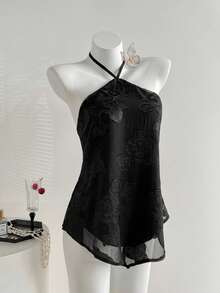 Elamini Women's Sexy Solid Color Backless Halter Neck Top, Summer - Black - View 1