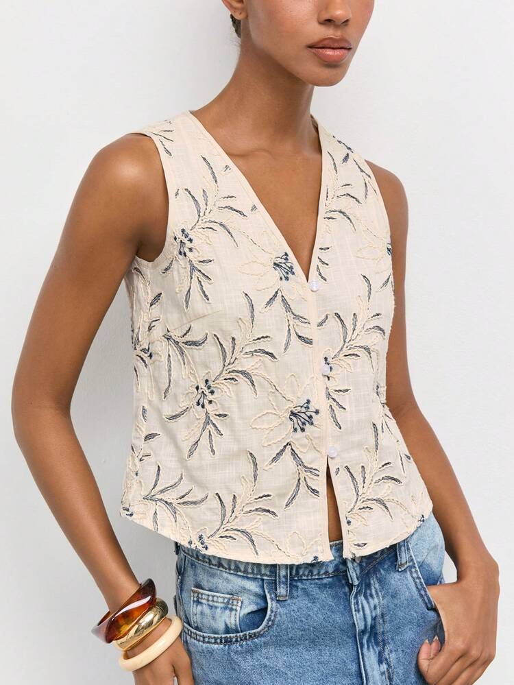 SHEIN Maija Summer Women's V-Neck Sleeveless Open Front Embroidered Fabric Apricot Vacation Casual Comfortable Top
