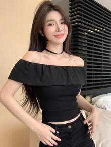 DAZY 女款露肩修身T恤性感風 - 黑色 - 查看 4