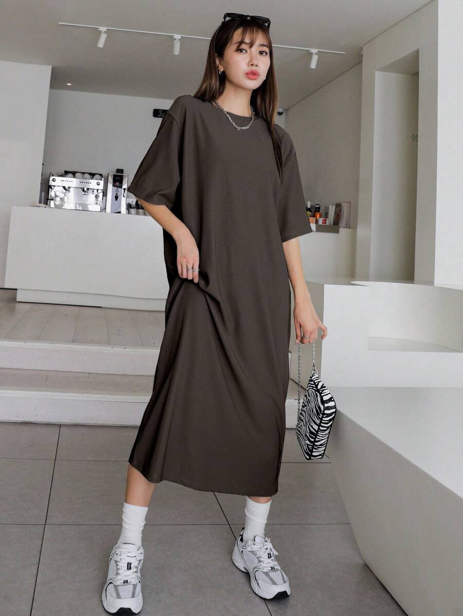 DAZY Spring Summer Autumn Round Neck Short Sleeve Loose Solid Color Dark Coffee Straight Casual Drop Shoulder Women's Mid-Length Dress - Dark Grey - View 1
