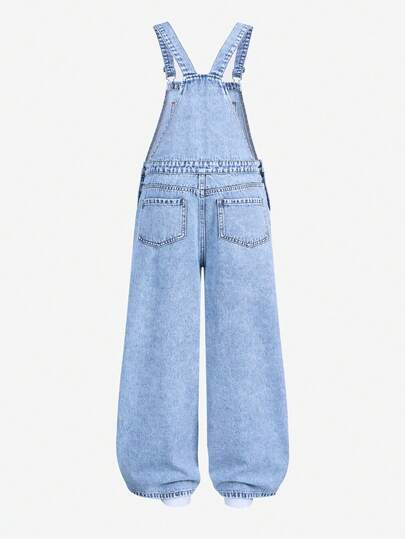 SHEIN Teen Girls New Light Blue Washed Denim Contrast Stitch Design Loose Wide Leg Cargo Overalls Snug Fit Soft Cotton Fabric Structured Fit Suitable For Holiday Daily Outings School Commuting Gatherings Festivals Perfect Choice