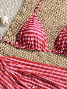 SHEIN Swim 女款 3 件式分體比基尼套裝，熱帶可愛多色條紋印花掛脖三角上衣、可愛三角泳褲、網紗罩衫裙，熱銷海灘度假休閒優雅情人節派對泳裝套裝，女款度假優雅海灘穿搭 - 彩色 - 查看 3