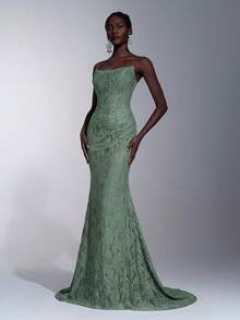 Elitara Elegant Romantic Lace Strapless Mesh Sheer Bodice With Boning, Exquisite Heavy Beading, Ruched Waist, Back Hip Gathering For Butt Lift Effect, Mermaid Style Extra Long Train, Suitable For Date, Red Carpet, Wedding Events And All Formal Occasions, Bridal Wedding Dress Gown - Green - View 4