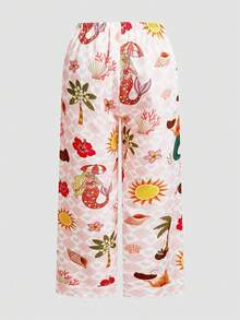 Chillnights Vacation Mermaid Coconut Tree Sun Heart Plaid Print Casual Lapel Plus Size Short Sleeve Pajama Long Pants Set - Multicolor - View 6