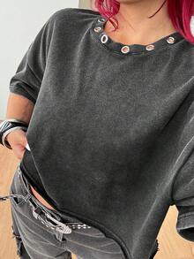 Coolane 女款大尺碼夏季秋季街頭風 1960s 70s 90s 性感 Y2K 休閒外穿約會之夜派對穿搭 鉚扣孔眼棉質寬鬆 T 恤 黑色 - 深灰色 - 查看 6