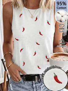 SHEIN LUNE Áo ba lỗ nữ cotton nguyên chất thêu họa tiết ớt - trắng - Xem 1