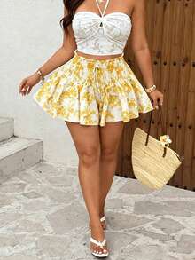 Sunnyshic Plus Size French Vintage Print Shorts, Shirred, Lace-Up, Ruffle, Elastic Waist Concealing Shorts, Blue Porcelain White Ruched Ruffle Mini Pants, High Waist Patchwork Gathered Pants, Suitable For Summer Vacation And Beach Trips, Travel Photography, Dating - Multicolor - View 5