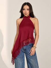 SHEIN PETITE 女款蕾絲飾邊掛脖休閒百搭日常外出上衣 - 紅色 - 查看 10