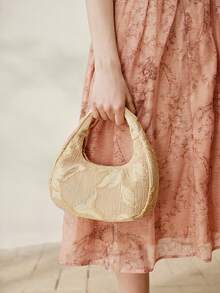 MOTF PREMIUM WOMEN'S FASHION APRICOT HANDBAG, EXQUISITE EMBROIDERED BEADED HALF-MOON BAG, SUITABLE FOR DAILY, DATING, SHOPPING, VACATION, TRAVEL - Apricot - View 9