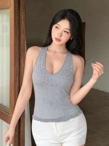 DAZY 夏季掛脖灰色藍色水鑽亮片修身顯瘦短版女款T恤，適合婚禮穿著 - 藍色 - 查看 4