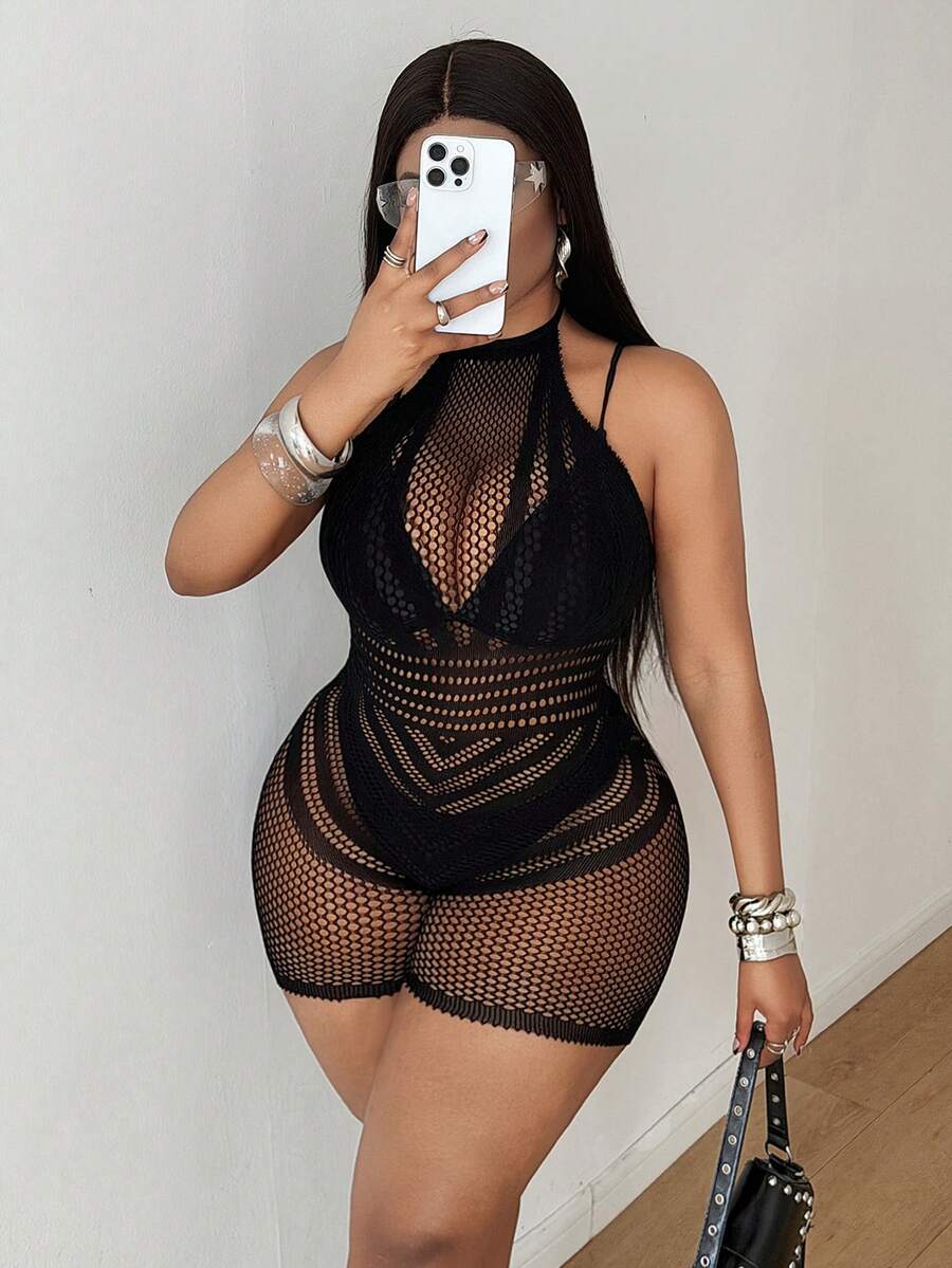 Maweii Plus Size Women's Mesh Sexy Casual Outing Romper Shorts - Black - View 1