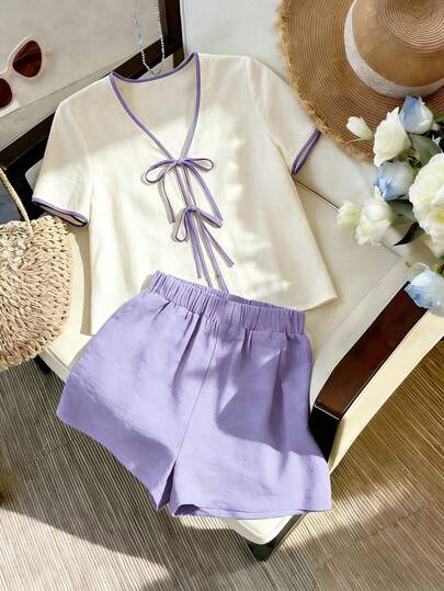 Franclia Plus Size Women's New Summer Lace-Up Tie Top Casual Short Sleeve Shirt, Cropped Elastic Waist Shorts, Holiday Casual Outfit Set, Country Vacation, Set