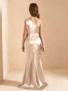 Girls' Apricot Spaghetti Strap Square Neck Fitted Split Patchwork Ruffle Long Dress, Lightweight And Soft Fabric, Suitable For Vacation, Graduation, Back To School, Wedding Season, Various Parties And Formal Occasions - Champagne - View 2