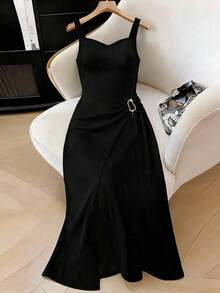 GlowEve CURVE Plus Size Versatile Textured Fabric Metal Decor Cami Dress - Black - View 6