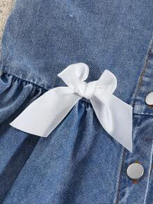 Young Girls Summer New Denim Sleeveless Dress, Dark Wash Blue, White Bow Decor, Button-Down Design, Collar, A-Line Skirt, Squishy Soft Skin-Friendly Cotton Fabric, Vintage Style, Summer Outfit For Beach Vacation, Beach, Weekend, Island Style, Brunch, Date - Light Wash - View 6