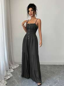 Elenzga Women's Solid Color Pleated Faux Denim Button Strap Sleeveless Ruffle Jumpsuit - Black - View 7