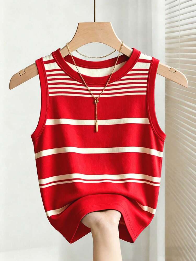 Franclia Women's Asymmetrical Striped Round Neck Casual Tank Top - Red - View 1