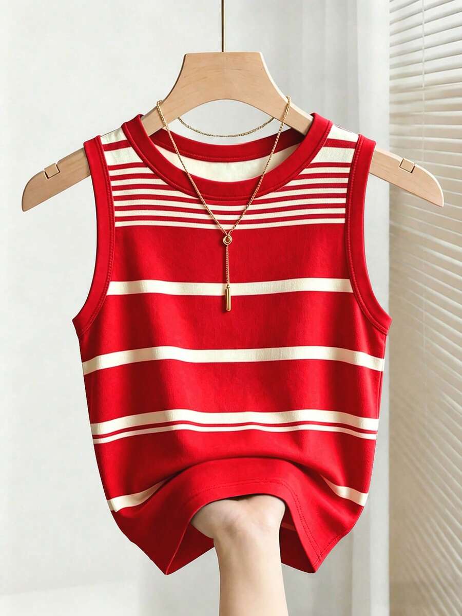 Franclia Women's Asymmetrical Striped Round Neck Casual Tank Top - Red - View 1