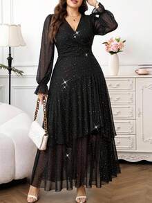 Reflora Vestido con volantes y pliegues con aplicaciones de diamante de imitación para mujer de talla grande, adecuado para boda en la playa - Negro - Ver 7