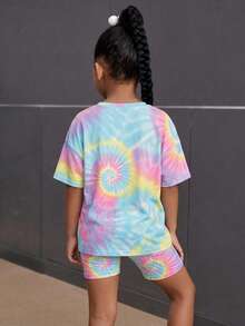 Young Girl Casual Simple Short Sleeve Shorts Tie-Dye 2-Piece Set Suitable For Summer - Multicolor - View 2