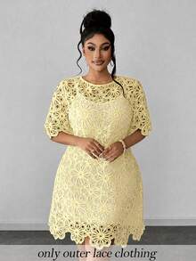 Maweii Vestido de talla grande de unicolor con cuello redondo y manga corta con diseño calado - Amarillo claro - Ver 1