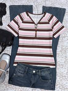 SHEIN Teen Girl Striped Patchwork Casual Versatile Daily Outing Short Sleeve T-Shirt - Pink - View 6