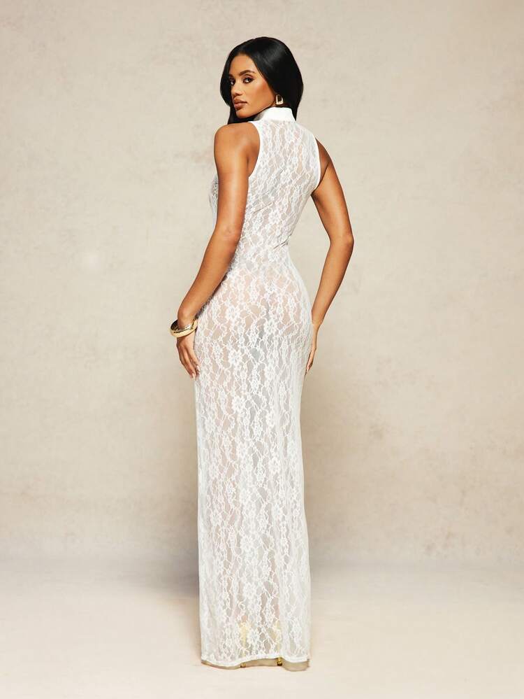 MISSGUIDED X Carli Bybel Robe Maxi en Dentelle à Col Top avec Détail de Trou de Serrure à l'Avant, Fente à la Cuisse, Robe de Soirée Formelle pour Invitée de Mariage, Moulante, Sans Manches, Blanche Transparente