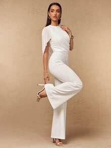 Silquee Spring/Summer Women's Mesh Patchwork Round Neck Sleeveless White Jumpsuit With Mesh Fabric Drape Office Bachelorette Party Wedding Outfits Elegant - Apricot - View 5