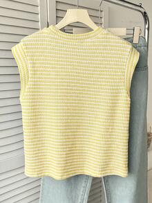 SHEIN Tank Top & Cami Rajut Jacquard Bergaris Kerah Bulat untuk Anak Perempuan Remaja - Kuning - View 2