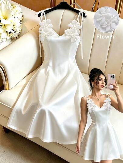 Elenzga Women's Spaghetti Strap V-Neck 3D Floral Decor Satin Glossy Waist-Defining Fitted A-Line Short Dress, Princess Dress, White Dress, Elegant And Versatile For Daily Outings, Parties, Birthday Gatherings, Western Theme Cruises, Holiday Celebrations, Beach Vacations, Music Festivals, Bohemian Style Getaways, Back To School, Weddings, Mother's Day, Teacher's Day, Travel, Suitable For All Seasons, Sexy Vacation Outfit For Beach Club And Beach Dinner