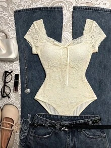 Franclia Women's Floral Lace Bow Decor Short Sleeve Fashion Bodysuit - Apricot - View 1