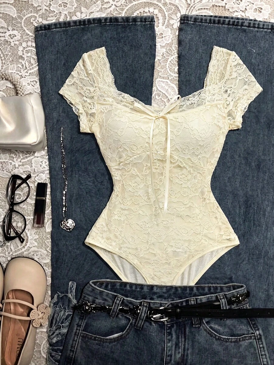 Franclia Women's Floral Lace Bow Decor Short Sleeve Fashion Bodysuit - Apricot - View 1