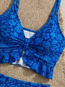 Swim Vcay 女款夏季海灘度假隨機碎花V領荷葉邊下擺高腰性感吊帶比基尼 - 藍色 - 查看 5